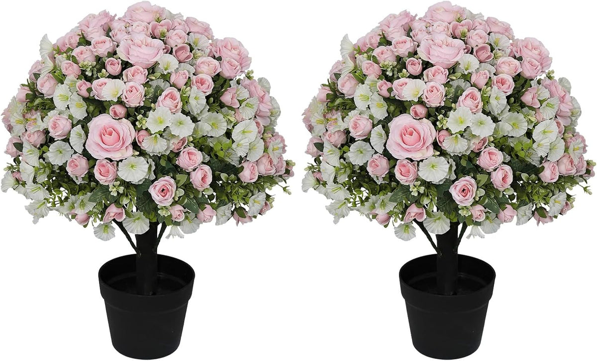 24" Artificial Potted Flowers for Outdoors, Silk Rose Faux Plants