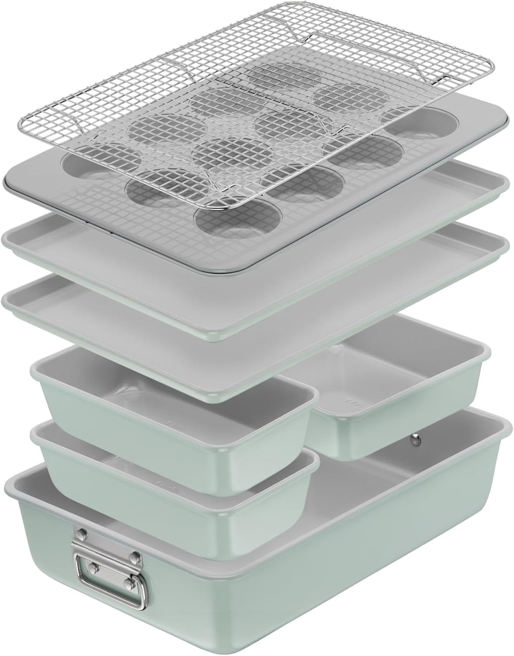 T-fal Refresh Ceramic Nonstick Baking Pans Set (5 Pieces), Roaster, 6-Cup for Muffins, Loaf, Square Baking Sheets Non Stick, Stackable Bakeware Sets, Mint Green