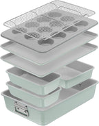 T-fal Refresh Ceramic Nonstick Baking Pans Set (5 Pieces), Roaster, 6-Cup for Muffins, Loaf, Square Baking Sheets Non Stick, Stackable Bakeware Sets, Mint Green