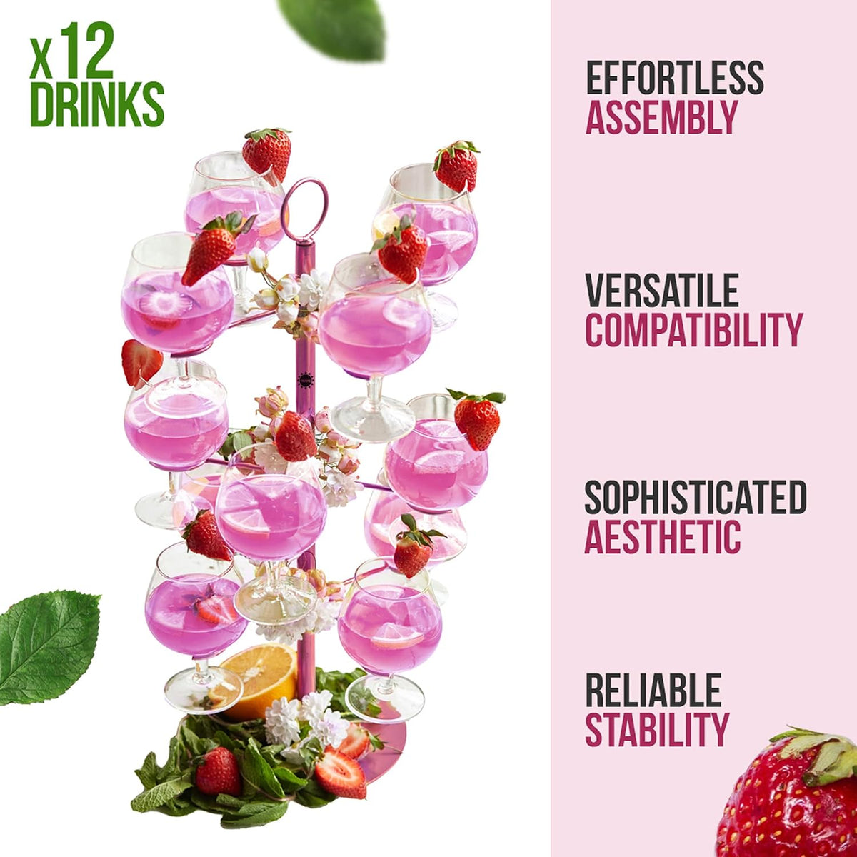 Cocktail Tree Stand, Metal Drink Champagne Tower, 3 Tier - 12 Holders For Mimosa Bar, Martini, Wine, Margarita Glass Cups (Pink)