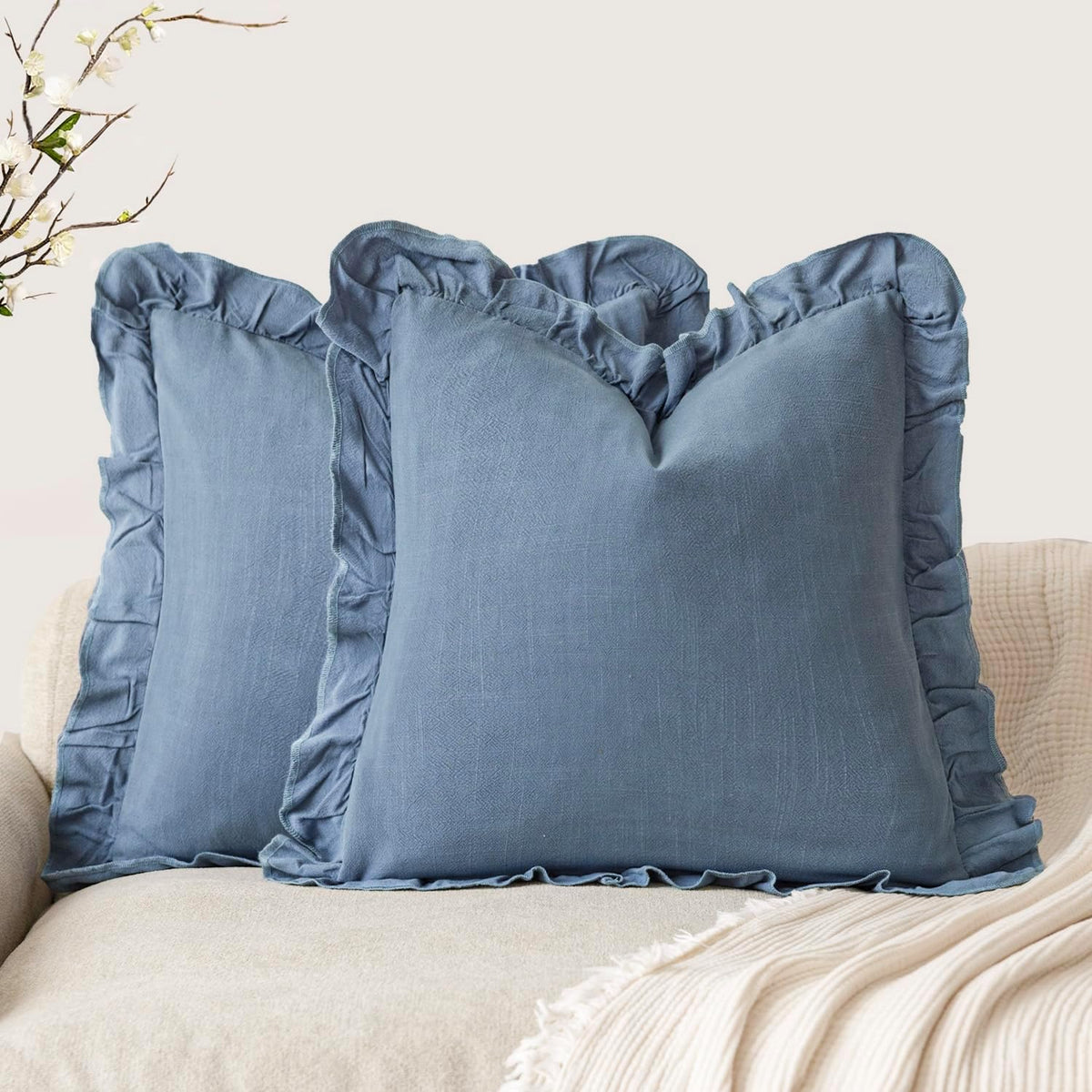 Foindtower Linen Fringe Ruffle Throw Pillow Covers 20×20 Inch Coronet Blue