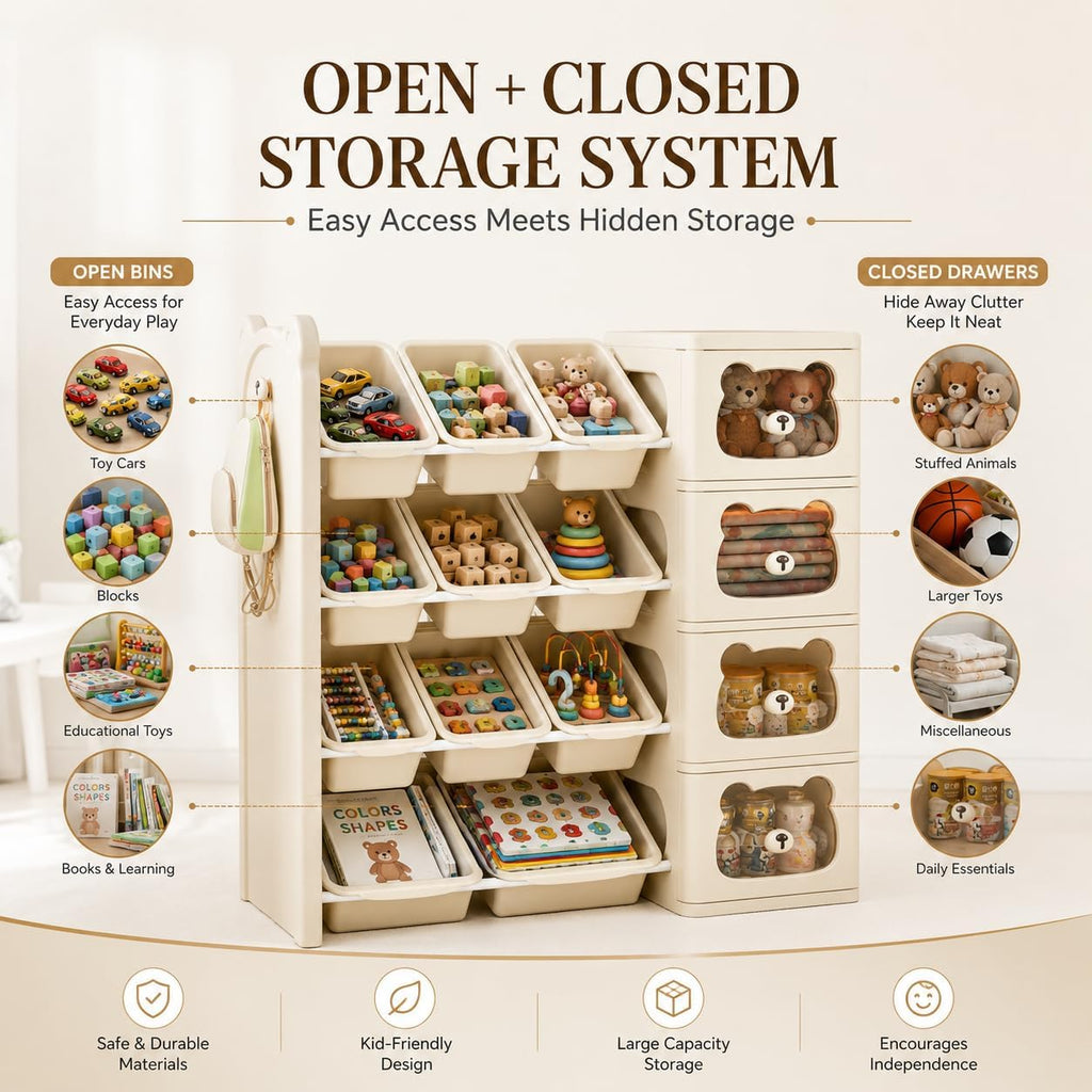 Toy Storage Organizer and Bookshelf with Drawers, Large 3-Tier, Beige