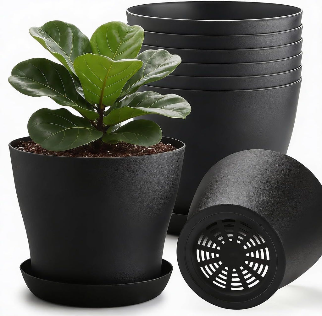 6 Pack 8 Inch Clear Nursery Plant Pots with Large Drainage Holes &Saucer