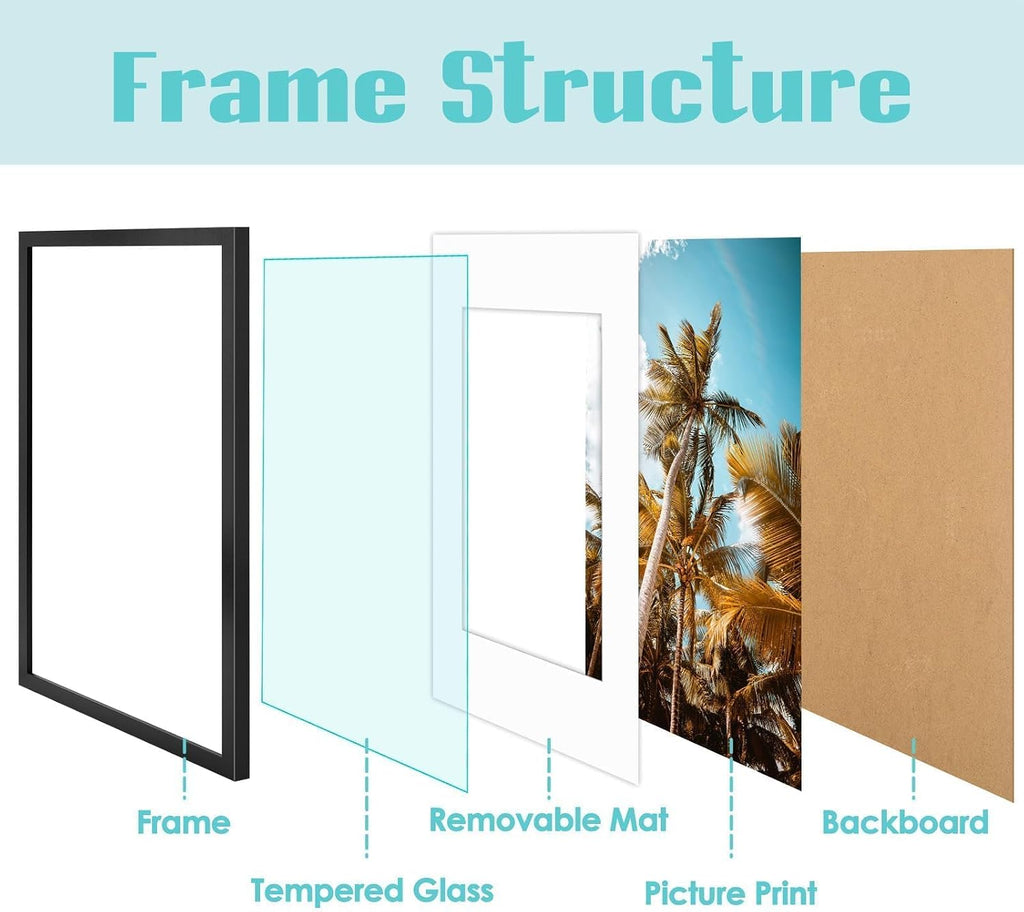 Frametory 16x24 Black Picture Frame with Real Glass Mat for 12x18
