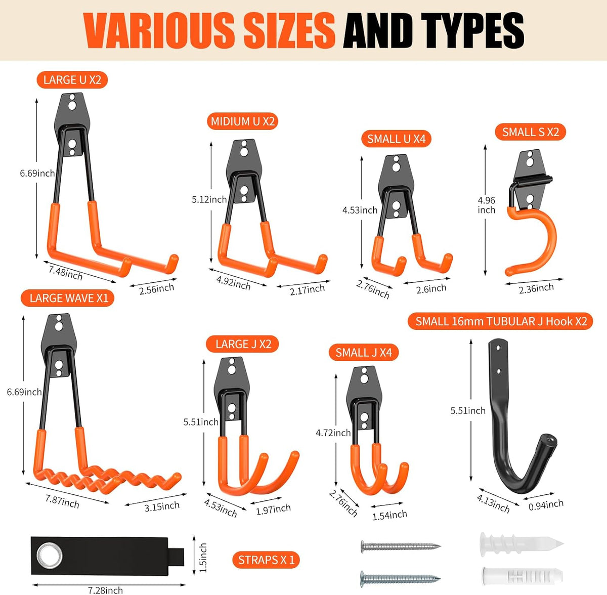 20 Pack Garage Storage Hooks with Anti-Slip Coating &Extension Cord Strap