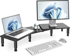 Dual Monitor Riser - Adjustable Length & Angle, Wooden Stand for 2 Monitors with Storage