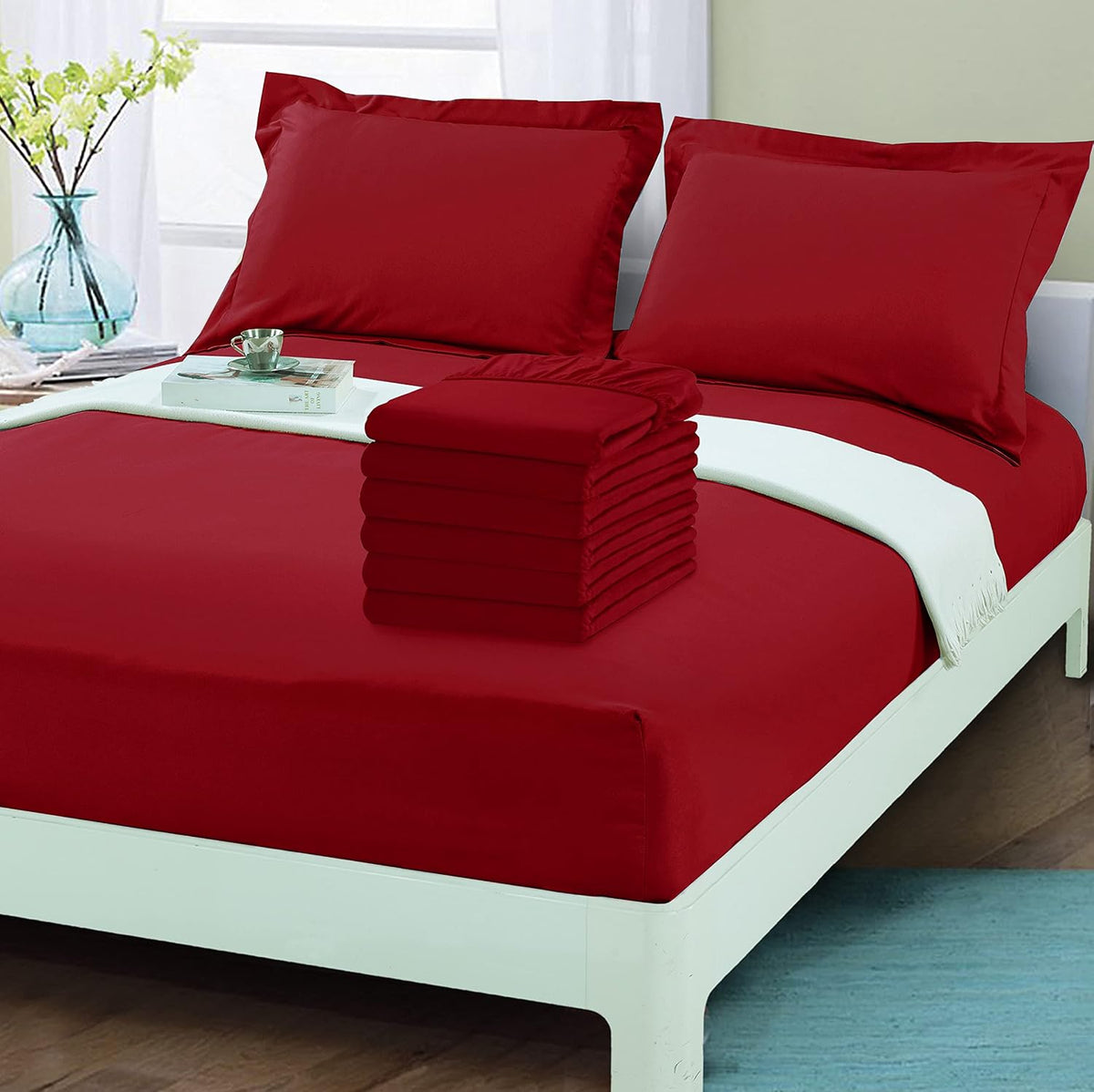 Elegant Comfort 6-Pack Fitted Bottom Sheets 1500 Thread Count Premium Hotel Quality, Deep Pocket, Wrinkle-Free, Stain and Fade Resistant, 6PACK Fitted Sheet, Cal King, Burgundy