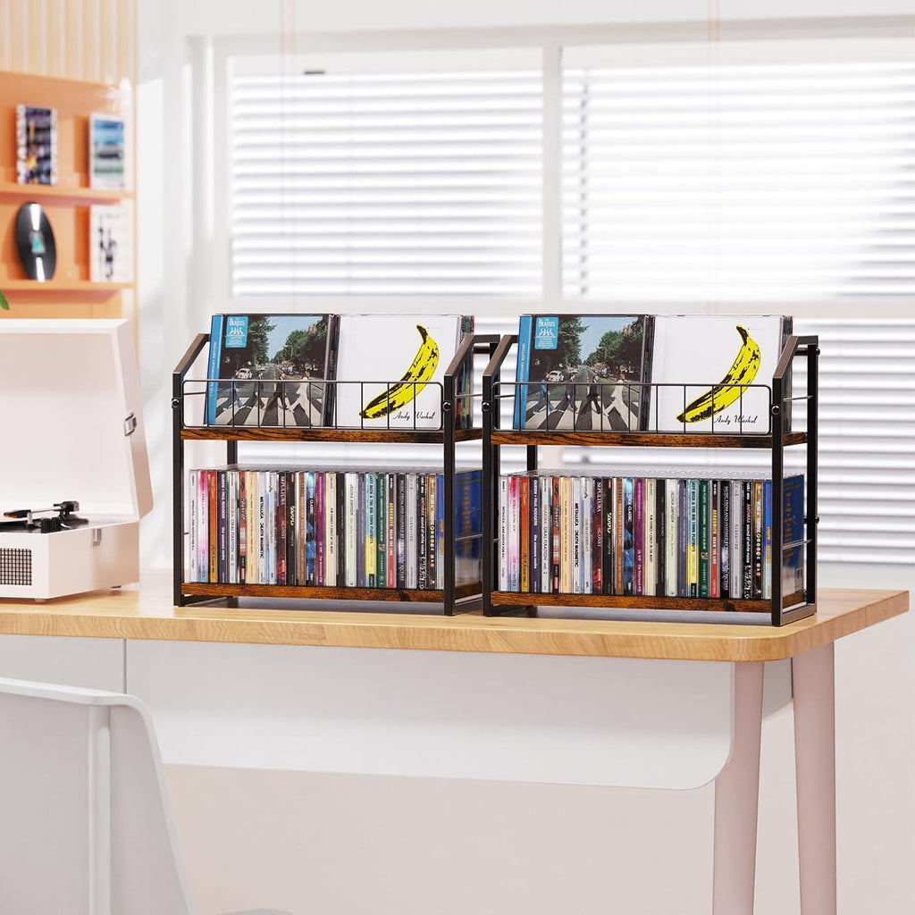 CD Storage Rack, 2 Tier CD holder & Display, 120 Capacity- Brown 2 Pack