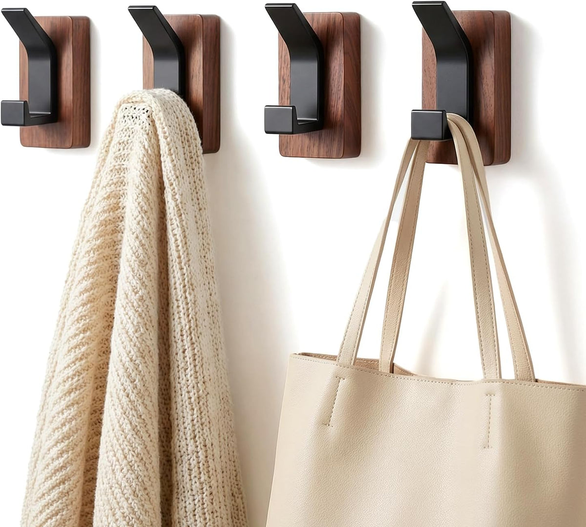4-Pack Wood Wall Hooks, Solid Walnut Coat Rack with Adhesive Mounting and Wall Mounted, Decorative Hangers for Entryway, Mudroom, Bathroom, Farmhouse Style for Towels, Hats, Keys, Bags, Robes