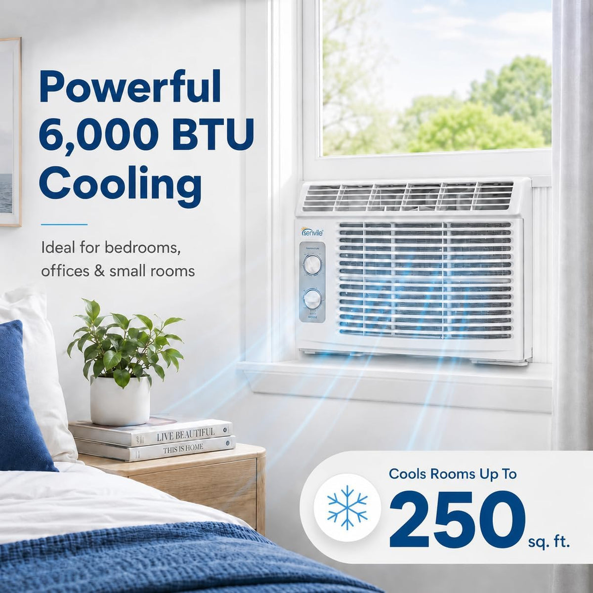 Senville Window Air Conditioner, Cools Up to 250 Sq Ft, 6000 BTU