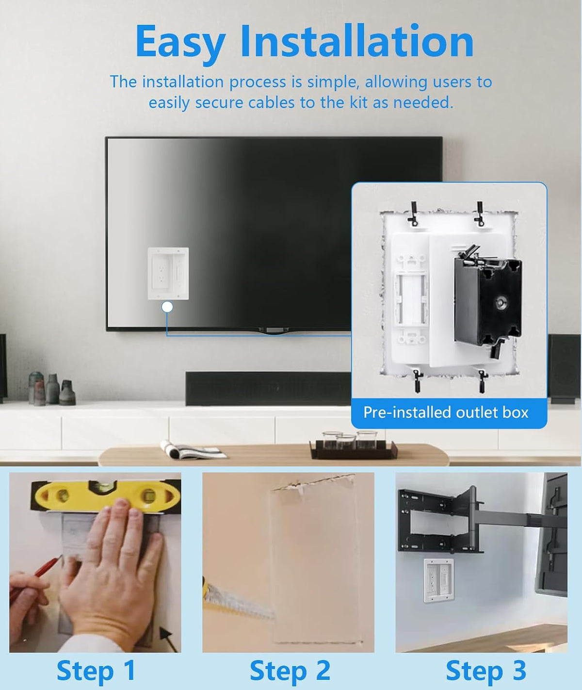 in-Wall TV Cable Management Kit, Dual Outlet Cord Hider for Wall Mounted TV with Data Jacks