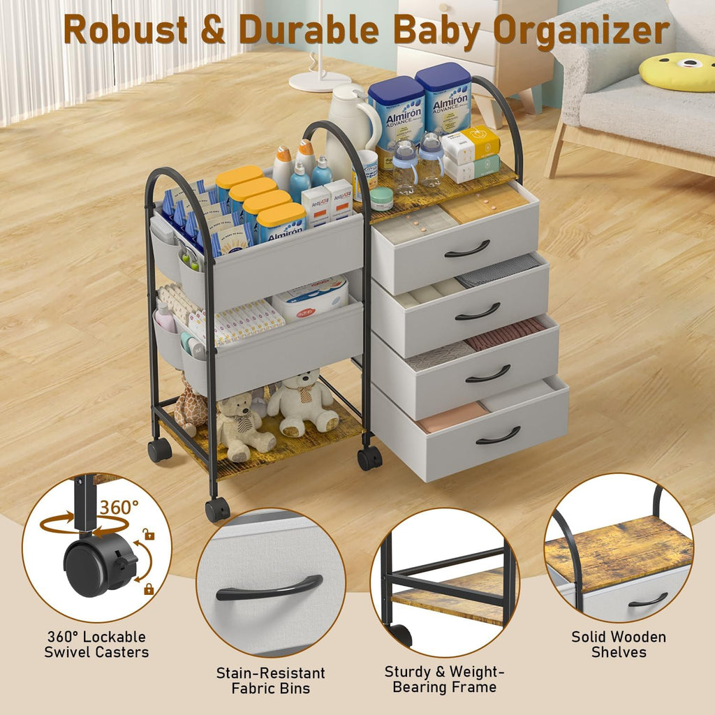Baby Diaper Caddy Organizer Cart with Wheels, 4-Tier Rolling Diaper Cart with Dividers and Drawers, Multi-Layer Nursery Storage for Diapers & Baby Essentials