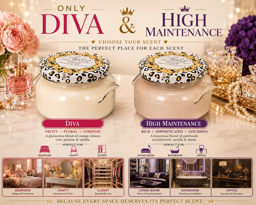 Diva & High Maintenance Scented Candle, 22 oz 2-Wick Soy Wax Jar, Large Highly Scented Candle Set Pack of 2, Long Burn 110–130 Hours, Home Fragrance Gift