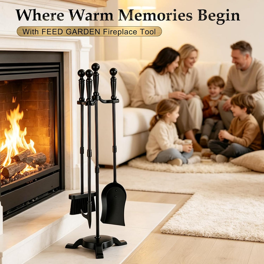 4-Piece Fireplace Tool Set with Stand, 30In Wrought Iron, Black