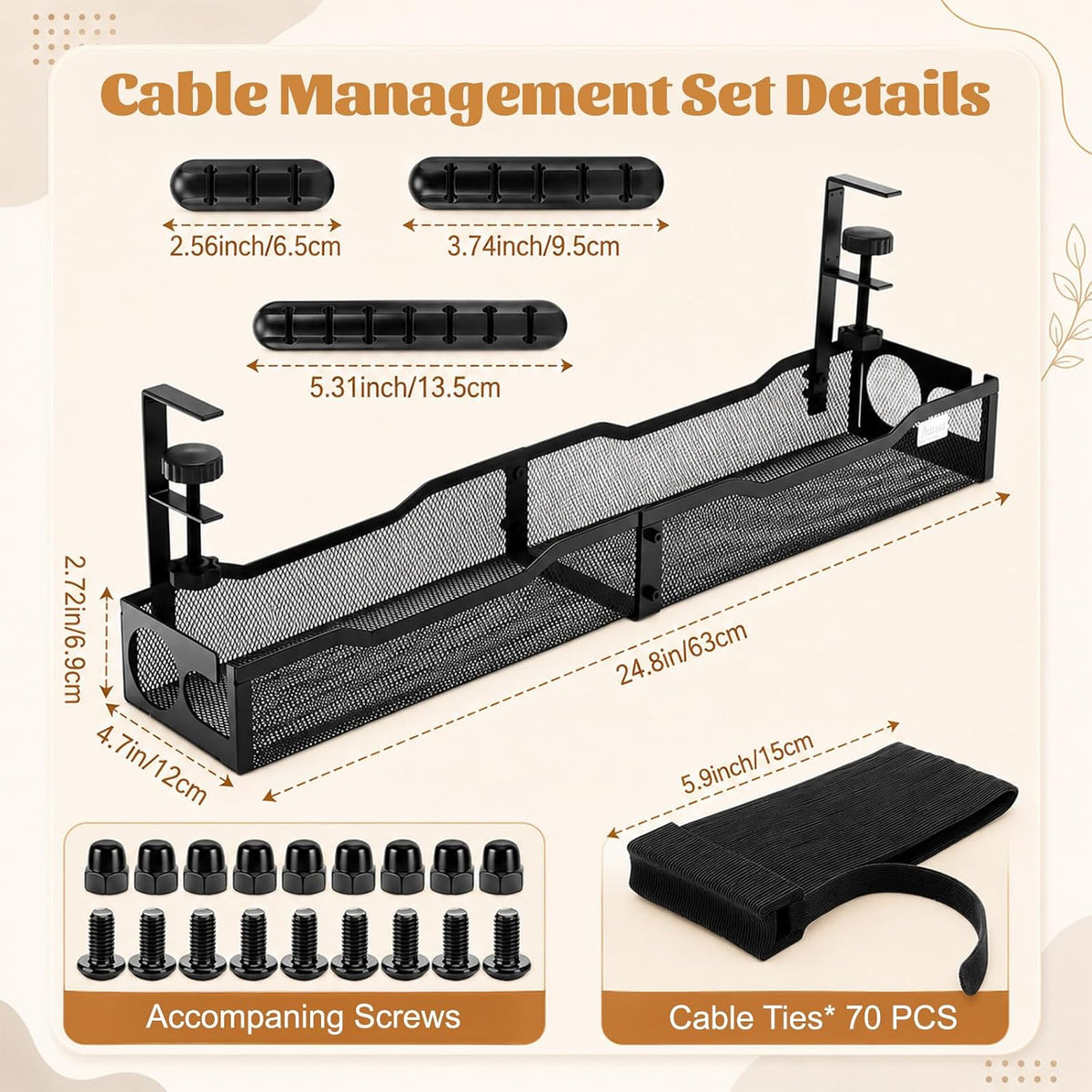 98 Pcs Under Desk Cable Management, 25" No Drill Cable Management