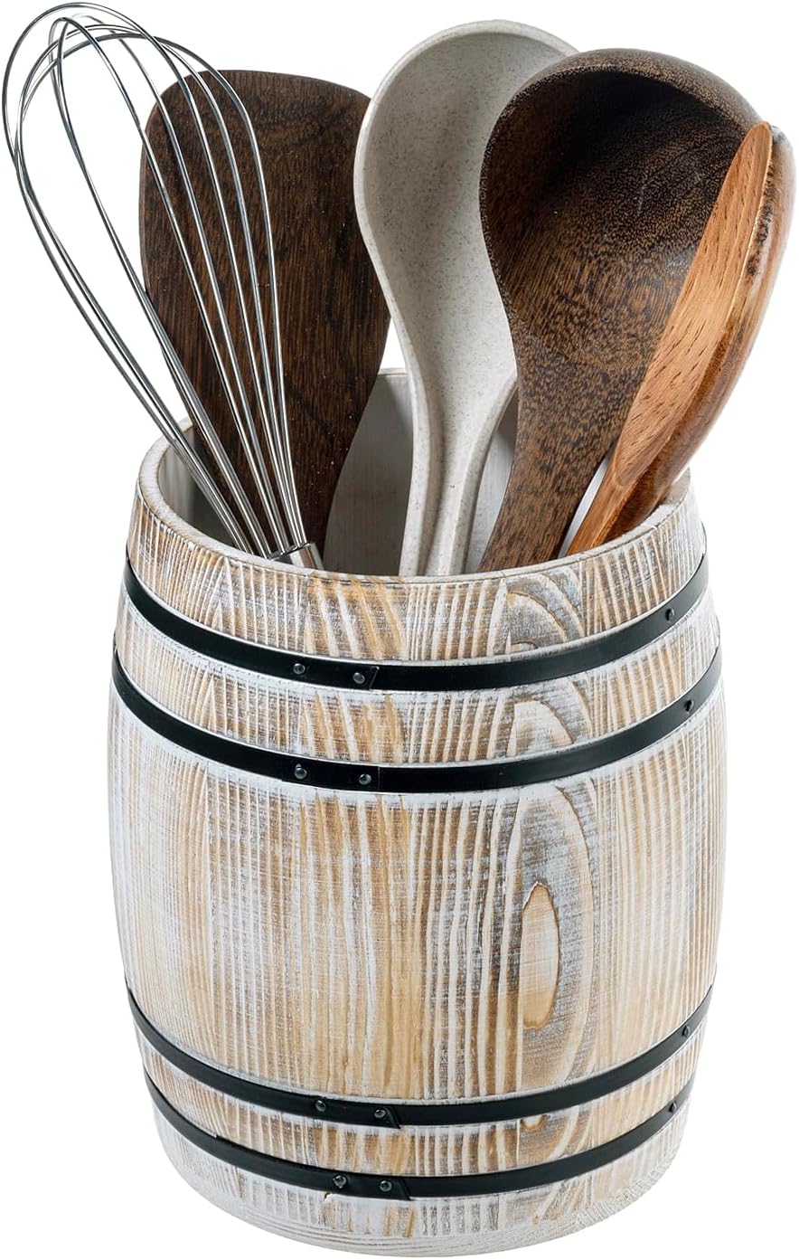 MyGift Whitewashed Wood Wine Barrel Kitchen Utensil Holder Crock
