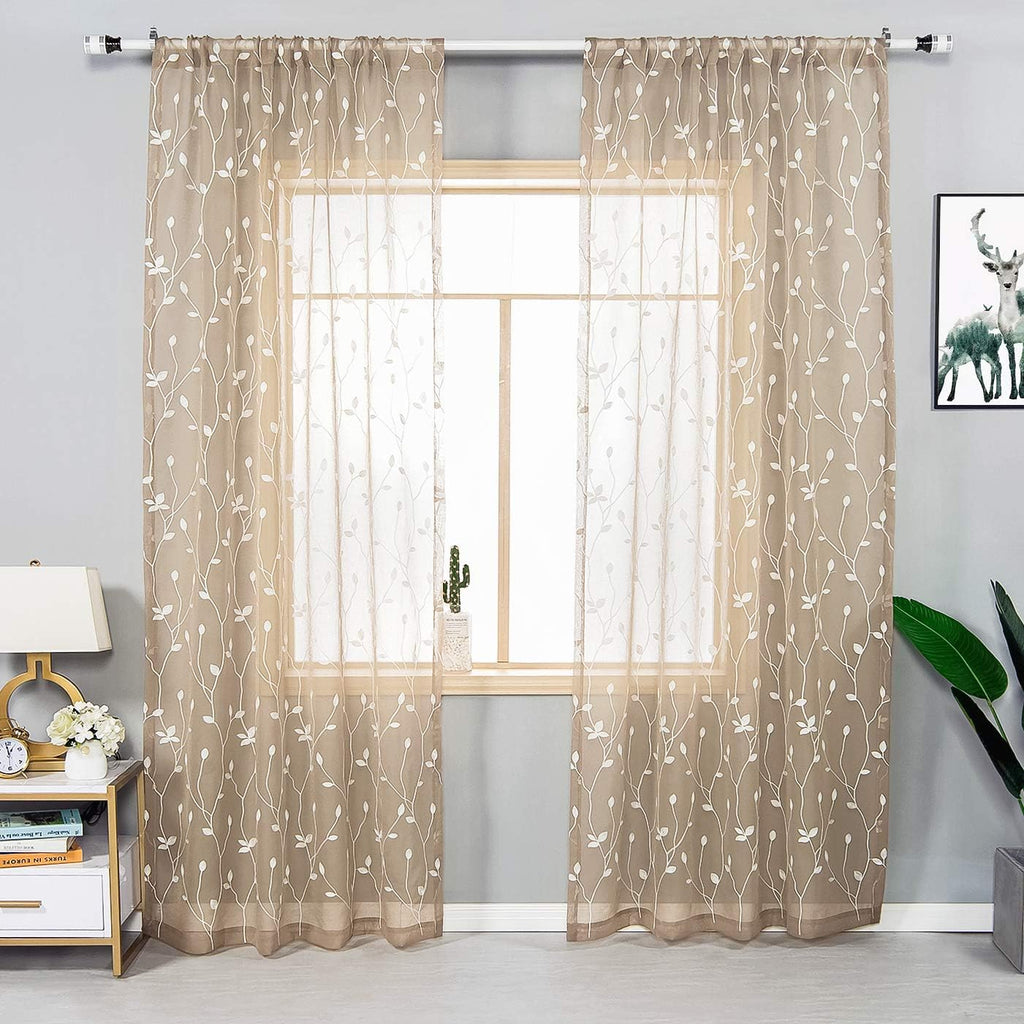 AmHoo 2 Panels Embroidered Leaf Pattern Semi Sheer Curtains Foliage Floral Voile Window Draperies Treatment for Bedroom Living Room Rod Pocket Taupe 53 x 95 Inch