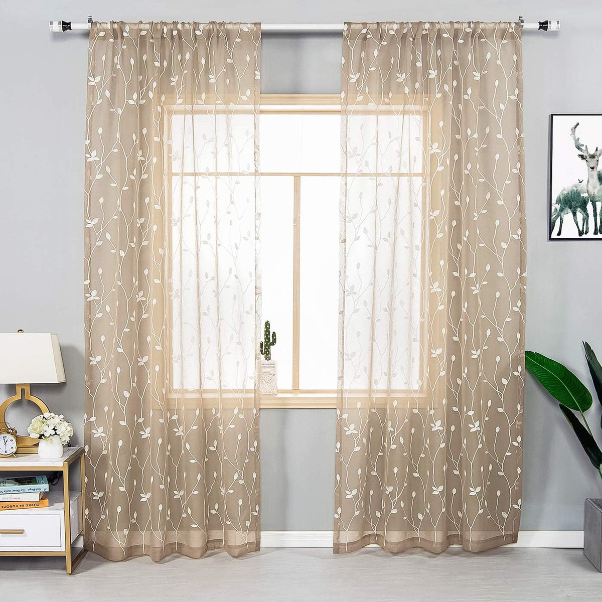 AmHoo 2 Panels Embroidered Leaf Pattern Semi Sheer Curtains Foliage Floral Voile Window Draperies Treatment for Bedroom Living Room Rod Pocket Taupe 53 x 95 Inch