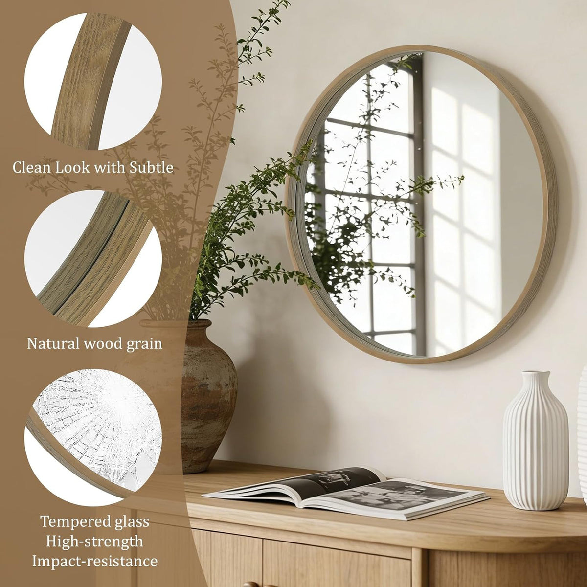 WallBeyond Round Wood Mirror 24" Circle Wall Mirror for Bathroom Round Wall Mirror for Wall Decor, Vanity, Entryway Living Room, Deep Natural