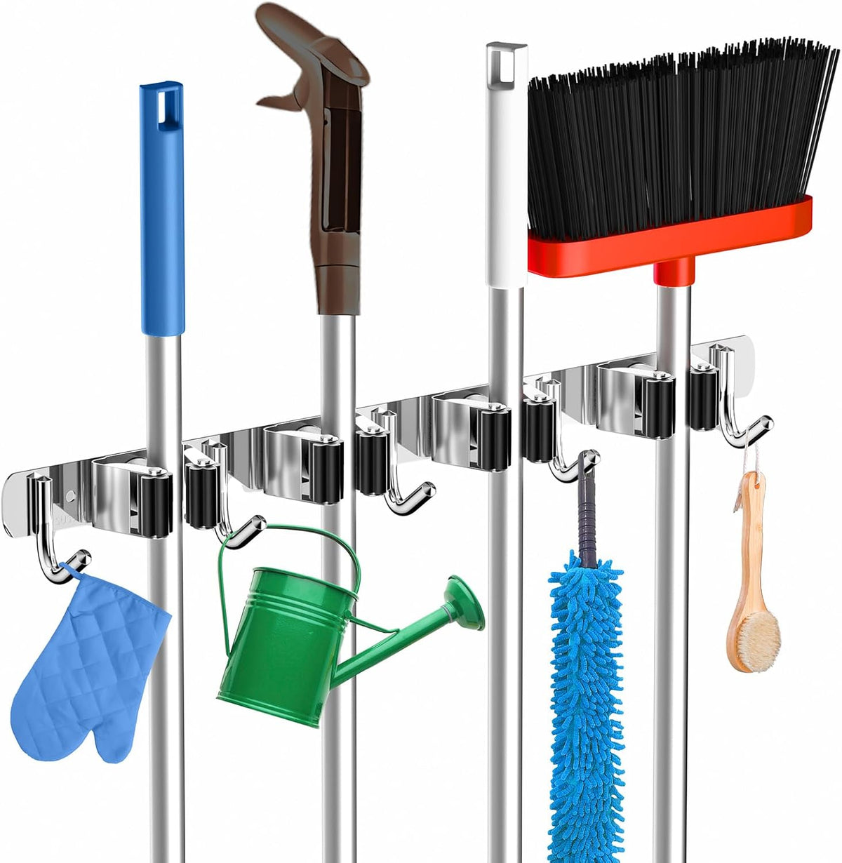 ZONGOOL 2 Pack Mop Broom Holder Wall Mount 4 Racks 5 Hooks Storage Black