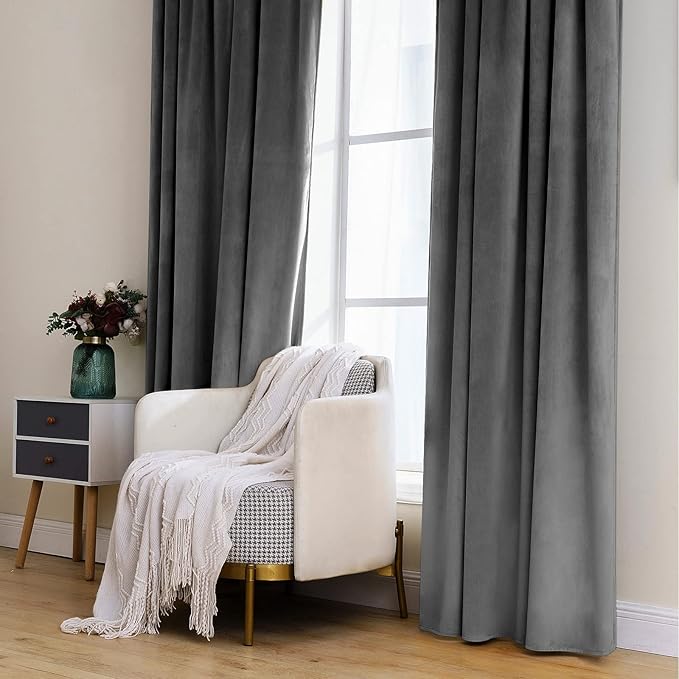 MIULEE Grey Velvet Curtains 96 inches 2 Panels - Image 7