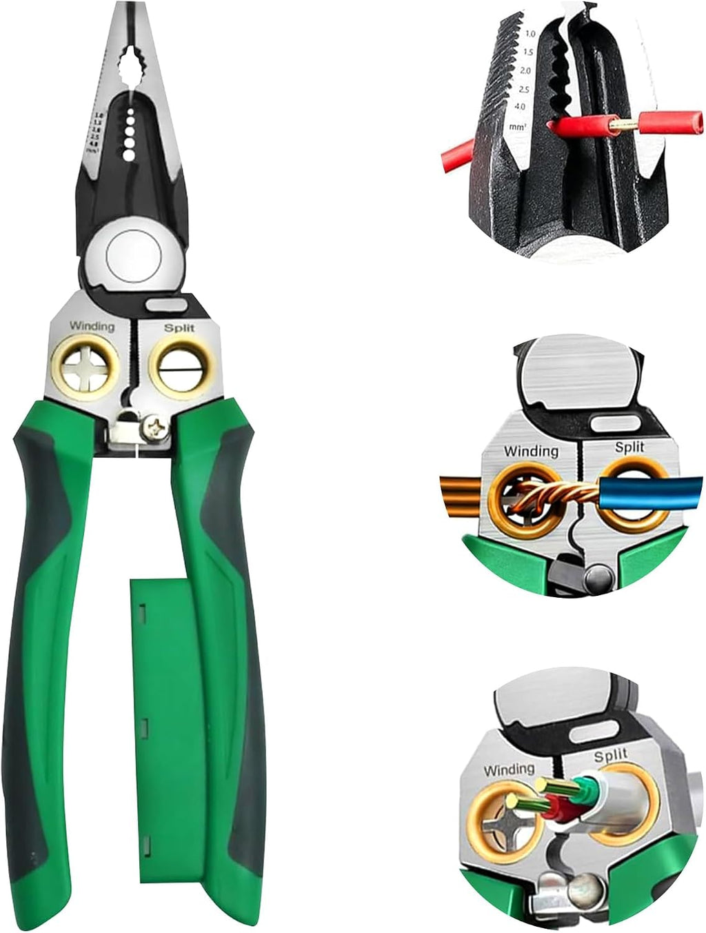 8‑in‑1 Wire Stripper Pliers, Non‑Contact Voltage Tester, Multi‑function electrician pliers for stripping cutting crimping, 12‑250V tester, fits auto HVAC home wiring maintenance, Green&Black