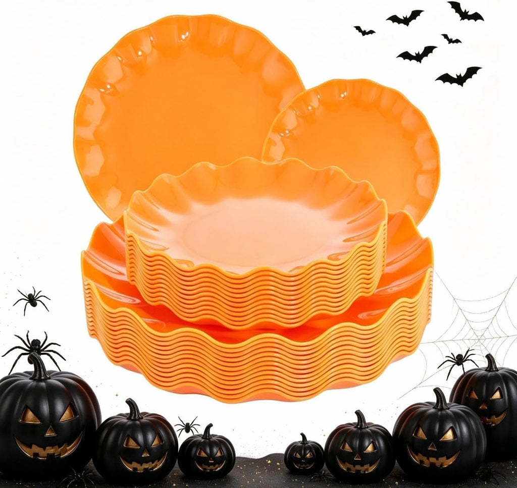 LIYH 24 Orange Plastic Plates Reusable for Thanksgiving Halloween 12 Guests