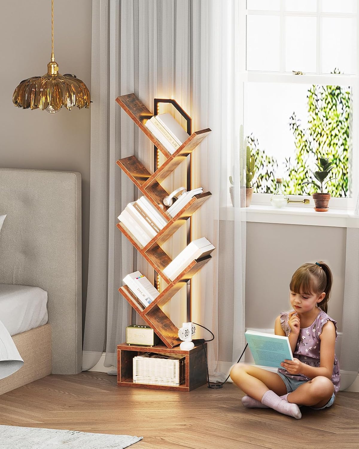 Casaottima Tree Bookshelf with LED Lights, 6-Tier Small Bookshelf, Vintage