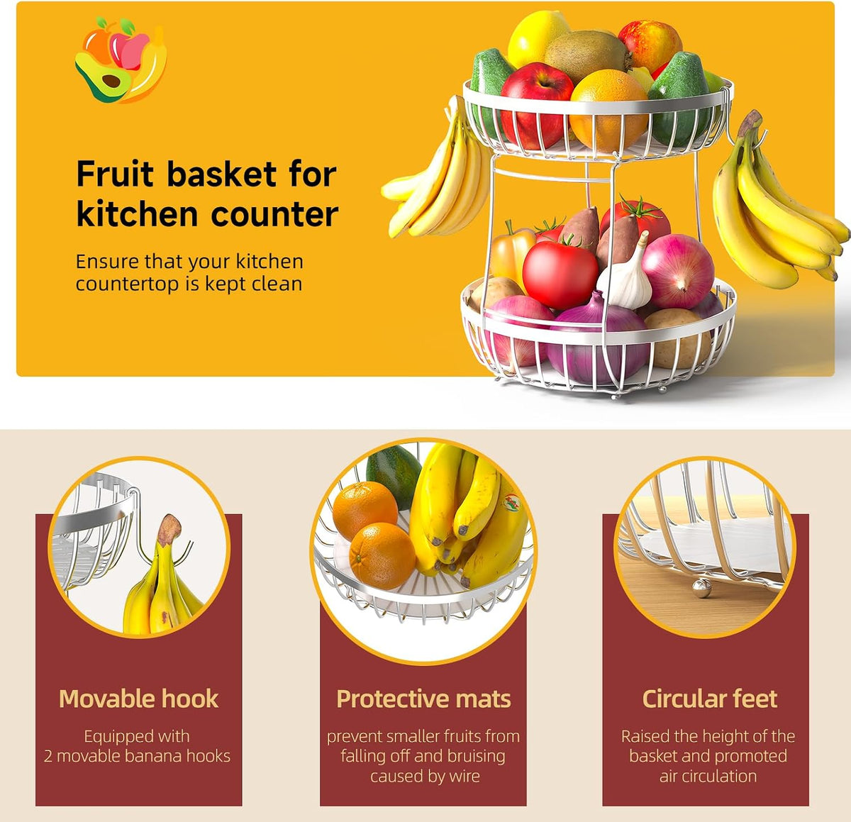 Sevenblue 2 Tier Fruit Bowl for Kitchen Counter with Banana Hangers, Silver