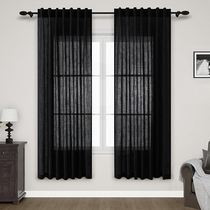Black Sheer Linen Curtains 70 Inch Length by Nanspring