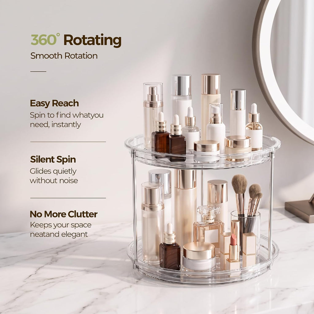 LAMU Rotating Makeup Organizer 2 Tier, Clear 360 Spinning Perfume Stand