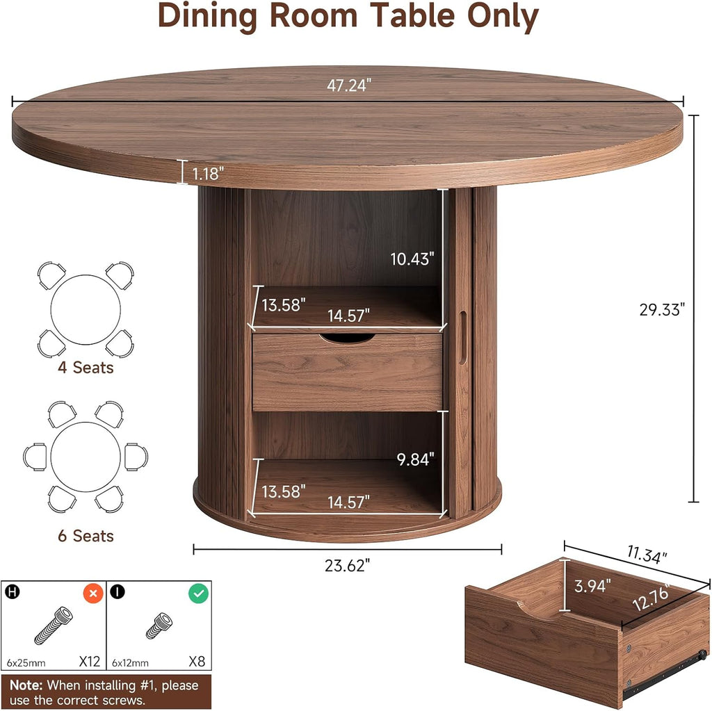 ComfyCorner 47" Dining Table with Storage, Round Kitchen Table Only Walnut