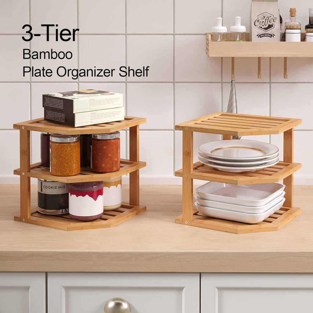 VERTORGAN 3 Tier Bamboo Dish Drying Rack,Corner Shelf 2 Pack(Natural)