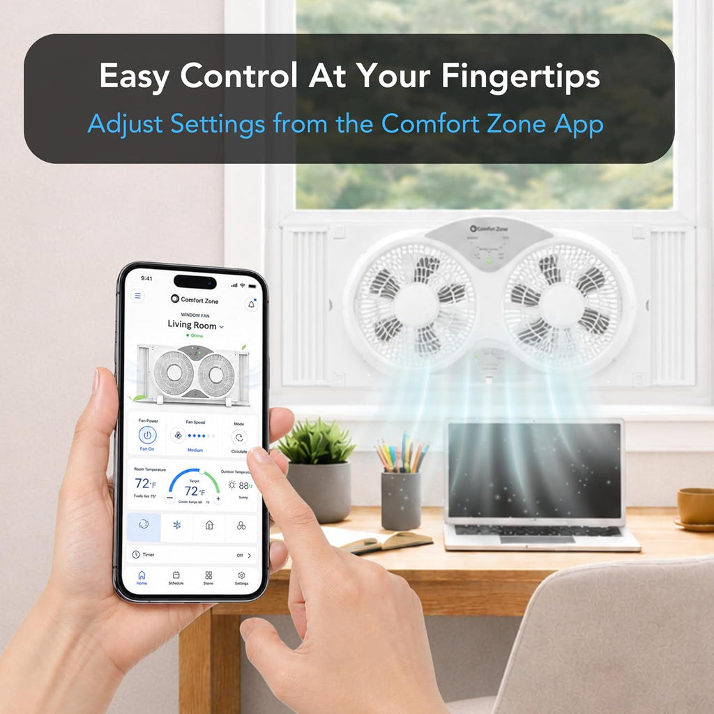 COMFORT ZONE 9" Smart Reversible Twin Window Fan with WiFi & Remote