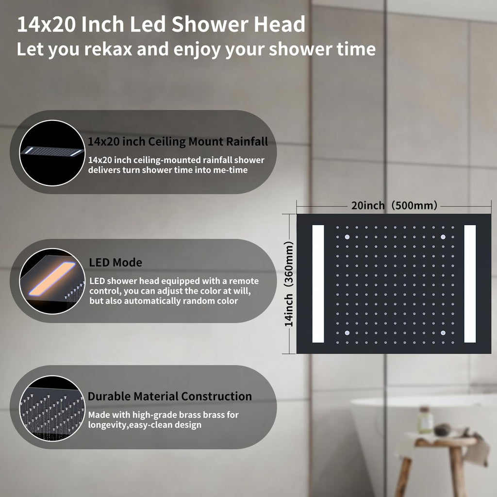Bathroom Shower System with 14x20 Inch Ceiling Mount LED Head & 8 Inch Wall Head and Handheld Shower 4 Function Valve with body jets,Matte Black