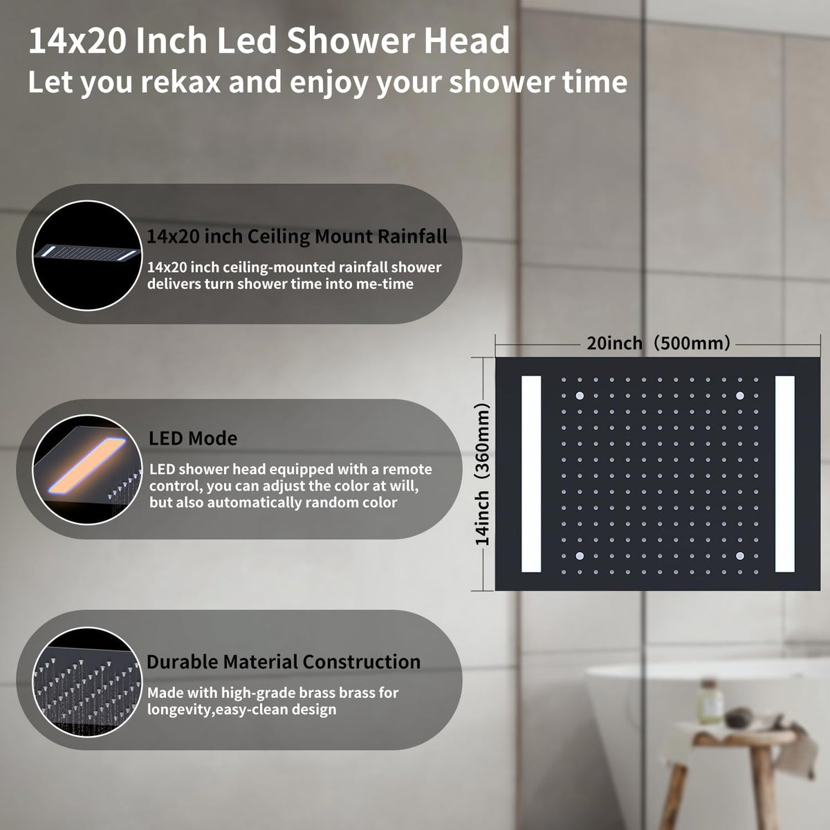 Bathroom Shower System with 14x20 Inch Ceiling Mount LED Head & 8 Inch Wall Head and Handheld Shower 4 Function Valve with body jets,Matte Black