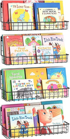 X-cosrack 4-Pack Wall Mounted Metal Kids Bookshelf, Floating Book Shelves for Kids Nursery Toddler Classroom, Hanging Book Shelf Organizer for Room Decor, Black
