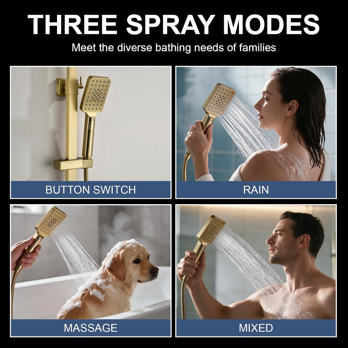 Taplong Outdoor Shower Kit Exposed Bathroom Shower Faucet Set Brushed Gold
