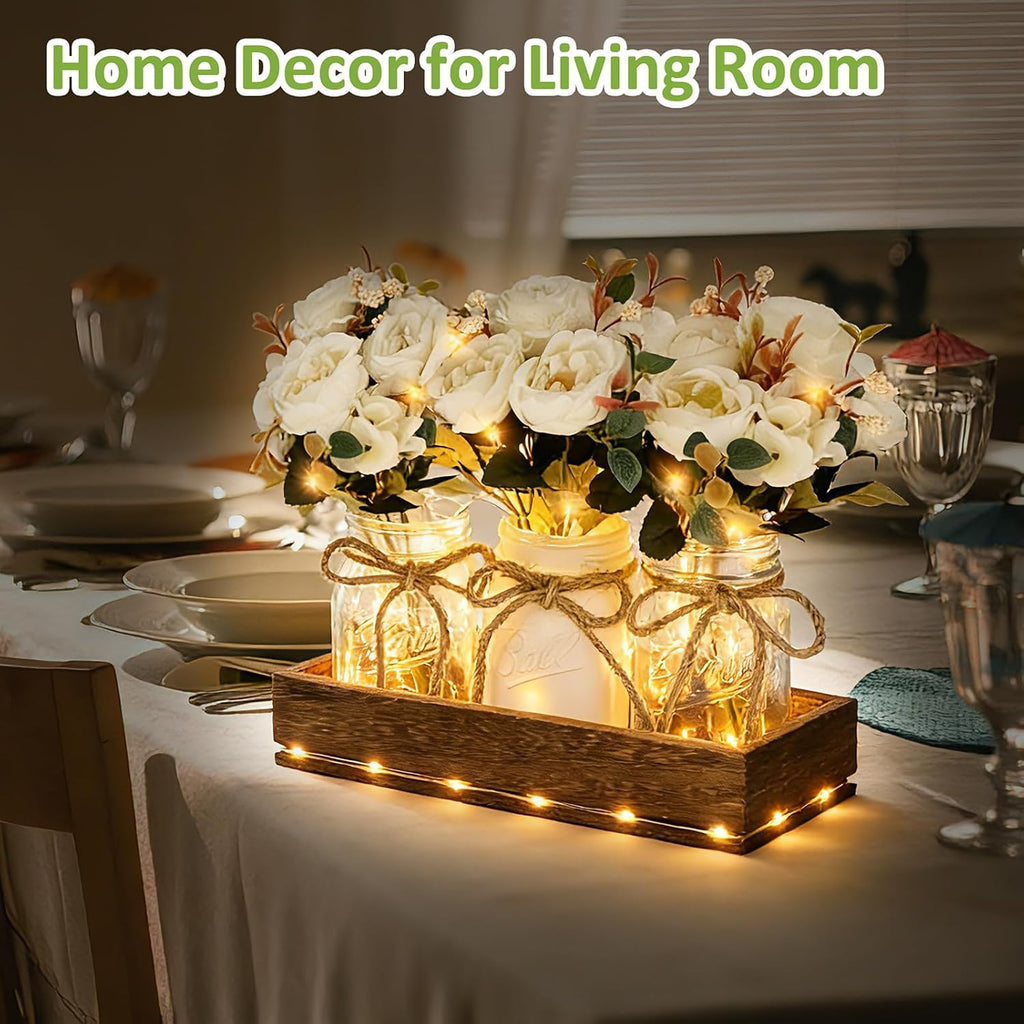 HOMECOR Mason Jar Centerpiece Table Decor with Remote Control LED Lights