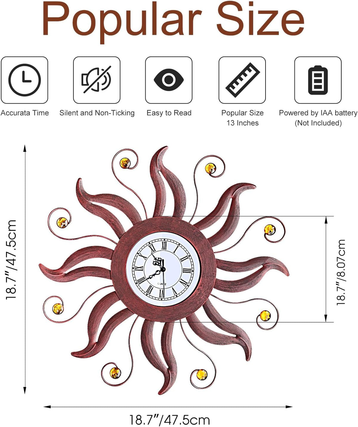 18.7 Inch Large Sun Wall Clock Mid Century Modern for Living Room Decor