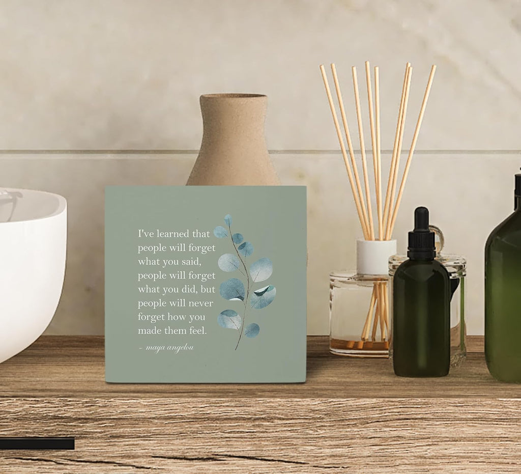 KU-DaYi Sage Green Maya Angelou Quotes Wood Box Sign, Inspirational I've Learned That People Will Forget What You Said Farmhouse Wood Block Plaque Decor for Office Home Wall Desk Shelf Decoration