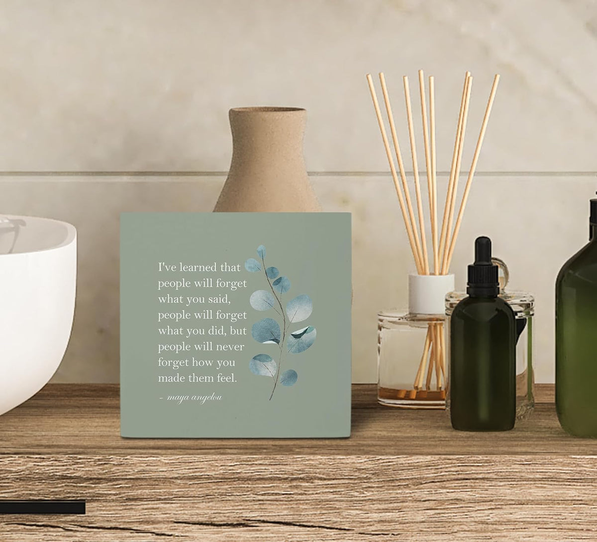 KU-DaYi Sage Green Maya Angelou Quotes Wood Box Sign, Inspirational I've Learned That People Will Forget What You Said Farmhouse Wood Block Plaque Decor for Office Home Wall Desk Shelf Decoration