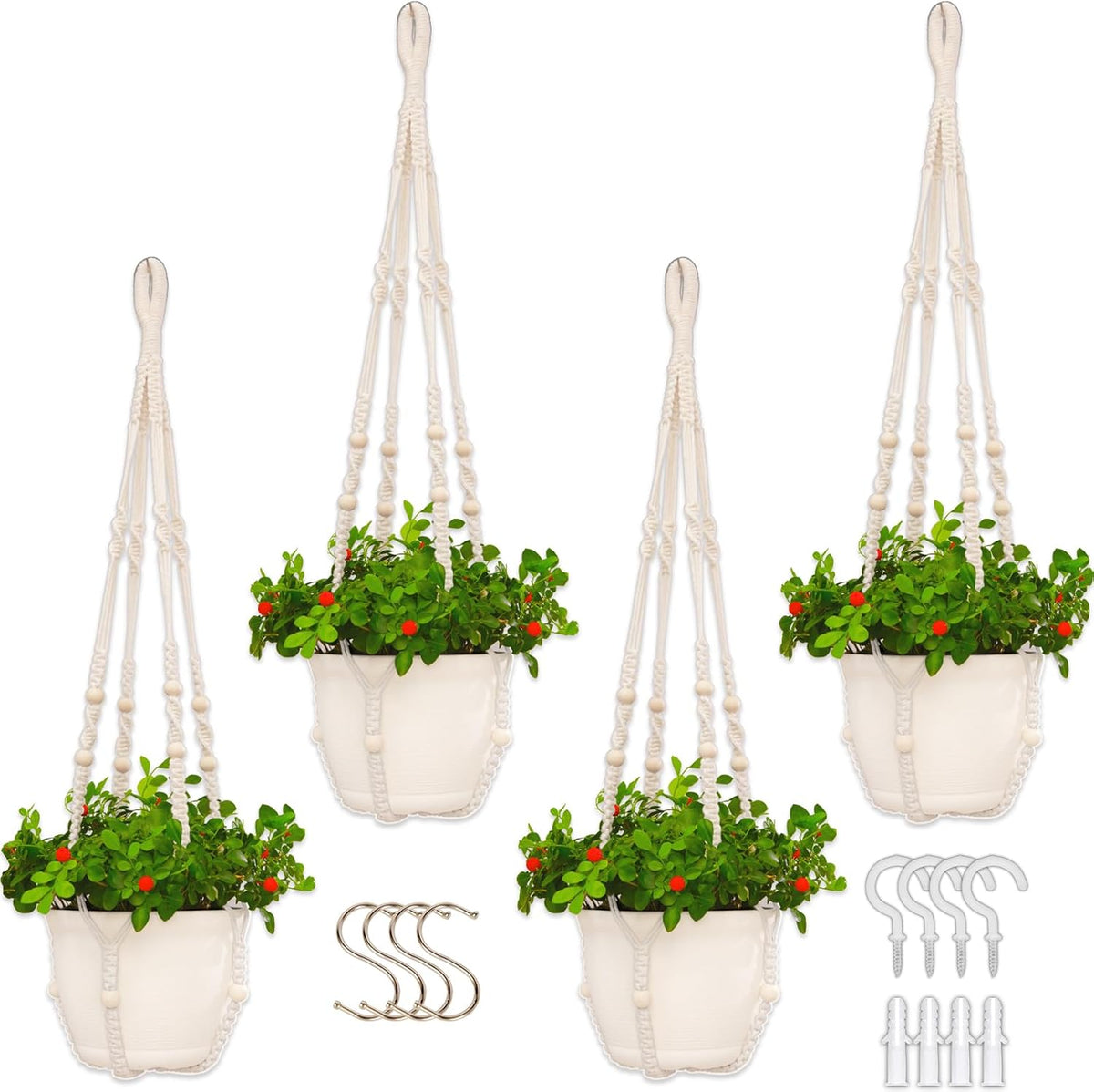 4 Pack Macrame Plant Hangers Indoor Set Large Crochet Hanging Holder, Brown