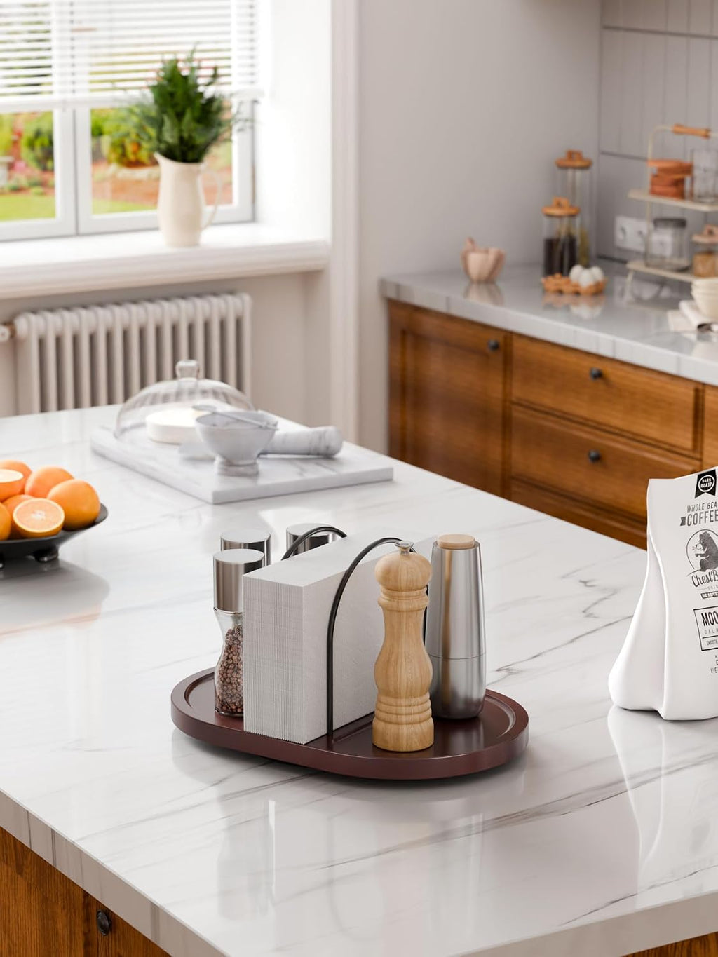 Walnut Rotating Napkin Holder with Salt & Pepper Shaker Storage