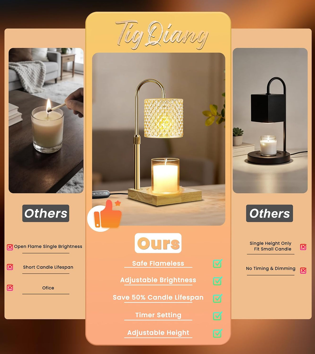 TigQiang Elegant Candle Warmer Lamp, Height Adjustable, Women Gifts, Brass