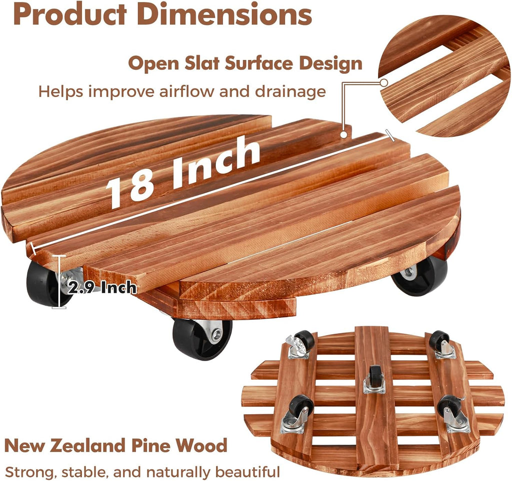 18 Inch Plant Caddy with Wheels, 6 Pack Rolling Plant Stand Rollers with Casters Wooden Plant Dolly with Wheels Heavy Duty Large Rolling Planter Base for Indoor & Outdoor Plants Wood Flower Stand