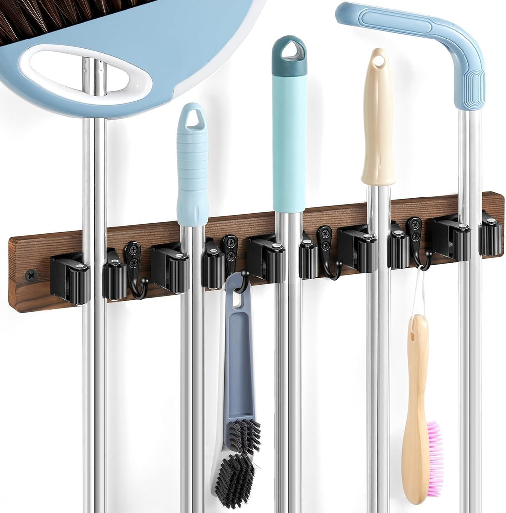 Brown Broom Holder Wall Mount - Heavy Duty Wood Mop and Broom Organizer with 5 Slots & 4 Hooks - Rustic Garden Tool Hanger for Laundry Room Closet Kitchen Garage Storage and Organization