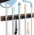 Brown Broom Holder Wall Mount - Heavy Duty Wood Mop and Broom Organizer with 5 Slots & 4 Hooks - Rustic Garden Tool Hanger for Laundry Room Closet Kitchen Garage Storage and Organization