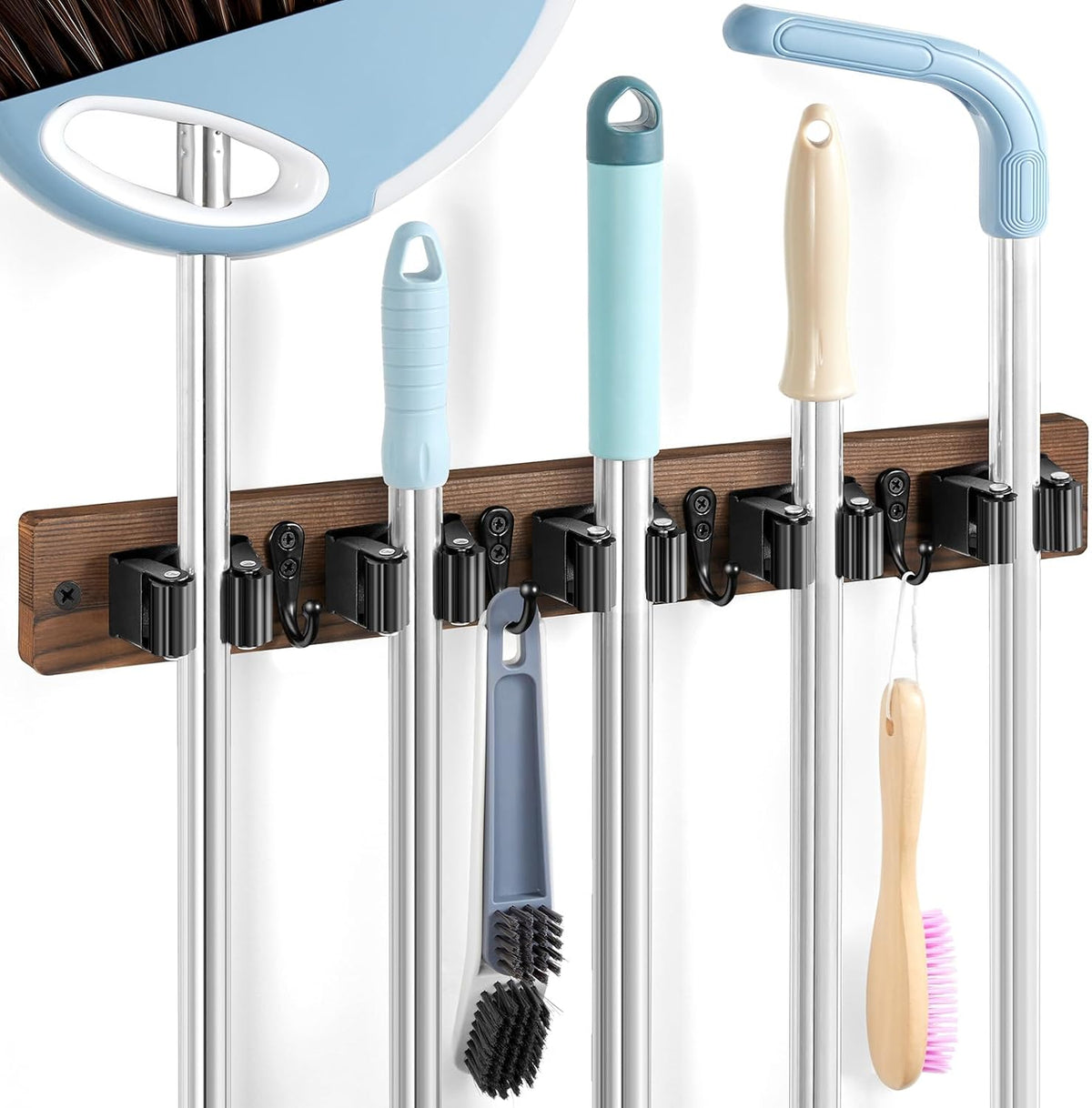 Brown Broom Holder Wall Mount - Heavy Duty Wood Mop and Broom Organizer with 5 Slots & 4 Hooks - Rustic Garden Tool Hanger for Laundry Room Closet Kitchen Garage Storage and Organization