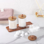 Tbestmax Qtip Holder with Vanity Tray, Clear Bathroom Containers Dispenser for Storage Cotton Swab/Ball/Pad Holder Wood Lids